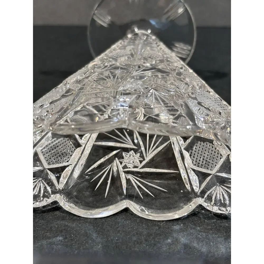Vintage Cut Crystal Trumpet Vase With Scallop Rim Starburst Pedestal 7”